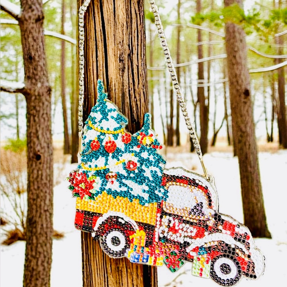 Truck Christmas Tree Hanging Sign Home Decor Hand Crafted Sealed Diamond Art 7”
